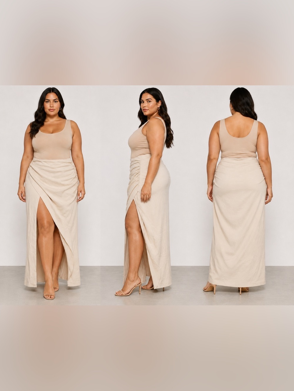 PrettyLittleThing Nude Ruched Maxi Skirt Size 12 NWT High Slit Draped Y2K
